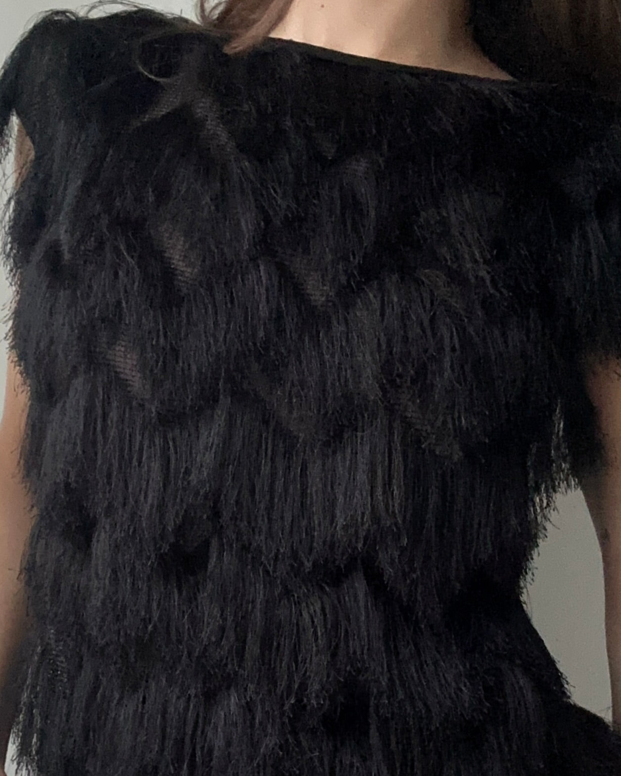 Black Fringe Top with Slashed/Bateau Neckline (S)