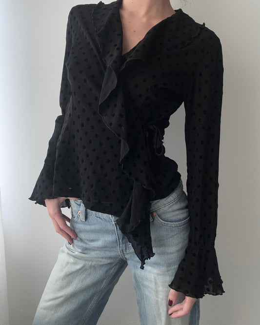 Black Sheer Wrap Top With Ruffles And Polkadots (S)