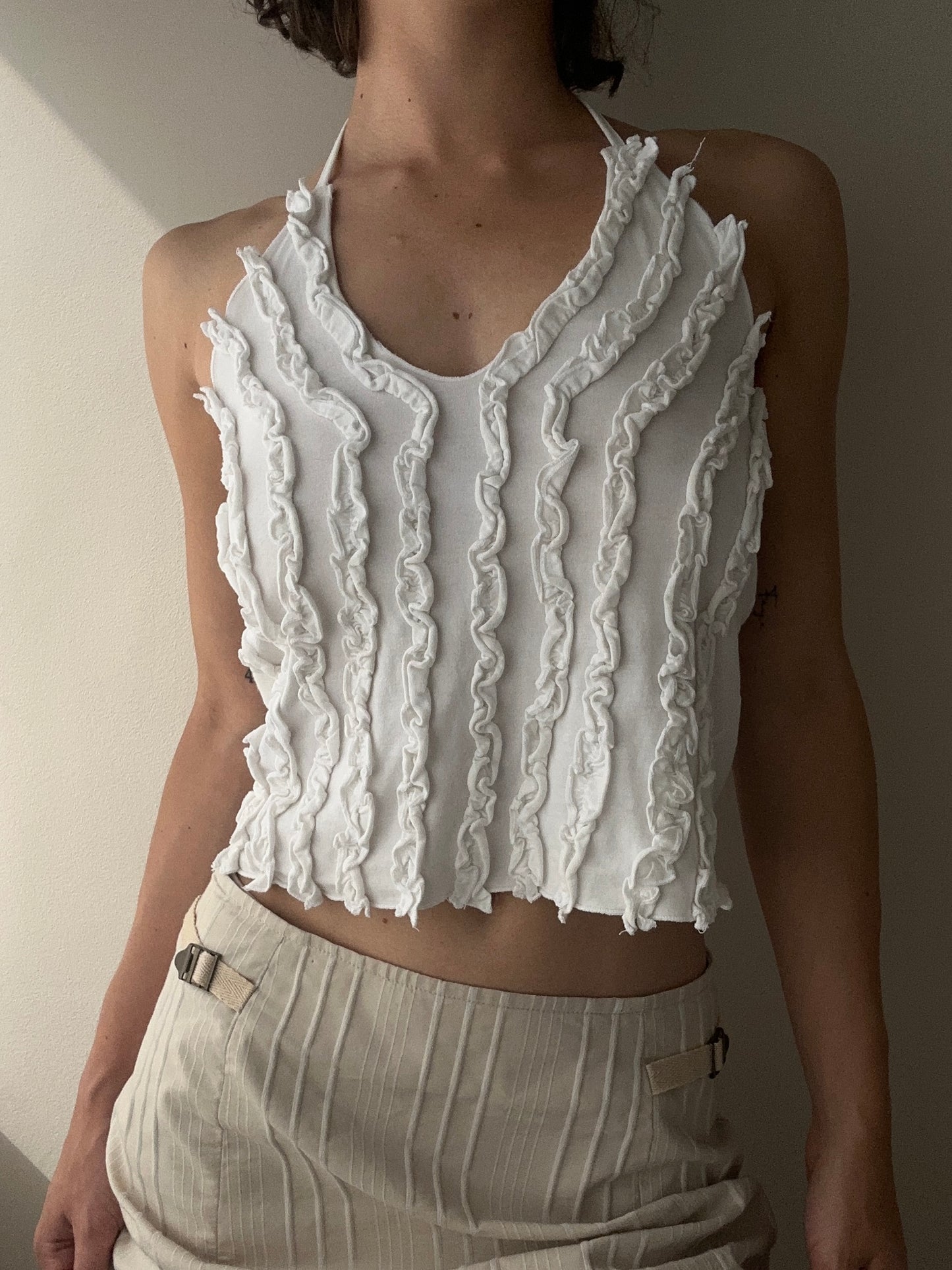 White Cotton Halter Top with Ruched Row Pattern (M-L)