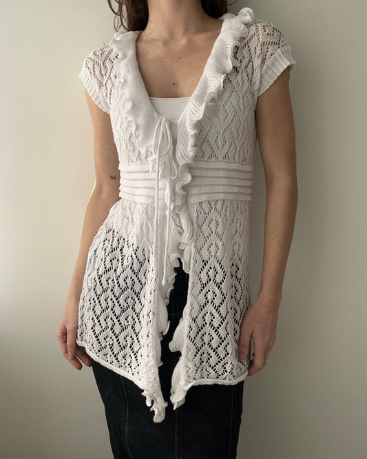 White Knitted Tunic Top with Tie-Front and Ruffles (M)