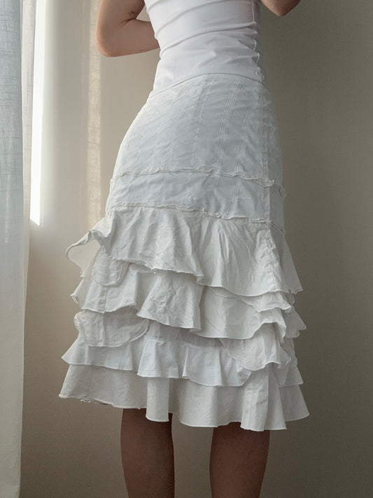 Marc Cain Cotton, Linen and Silk Mix Dropped Waist Skirt with Ruffle Layers (XS)