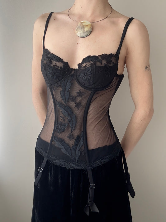La Perla - Vintage Black Floral Embroidered Corset Top with Suspenders (XS)