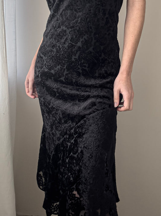 Black Asymmetric Midi Dress with Velvet Baroque Pattern (XS-S)