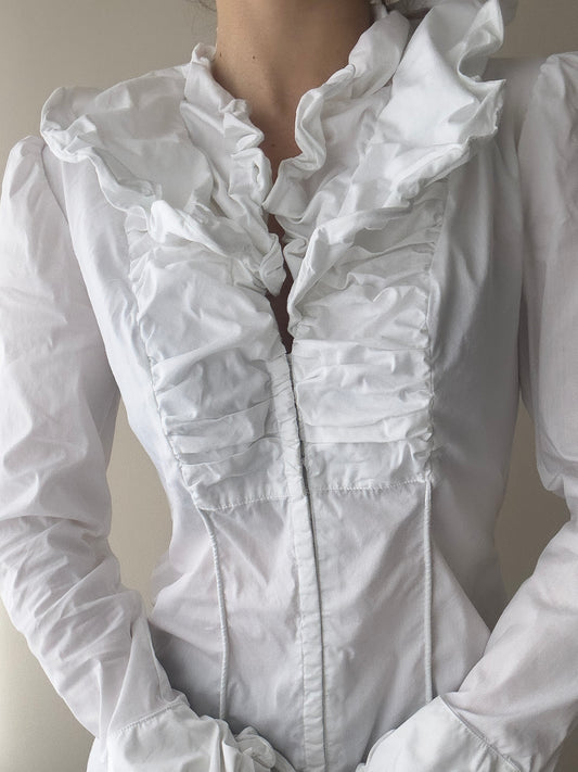 White Long sleeve Ruched Shirt with Ruffle Neckline (S)