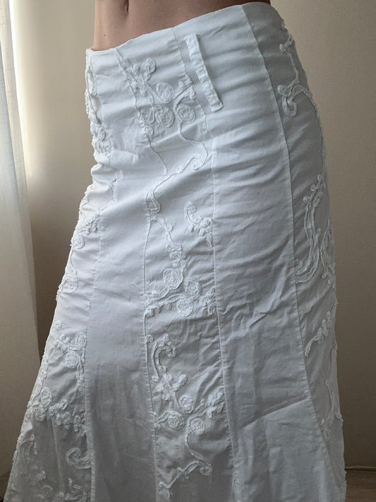 White Cotton Mermaid Maxi Skirt with Embroidery (XS-S)