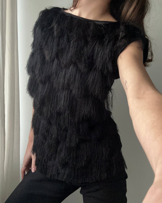 Black Fringe Top with Slashed/Bateau Neckline (S)