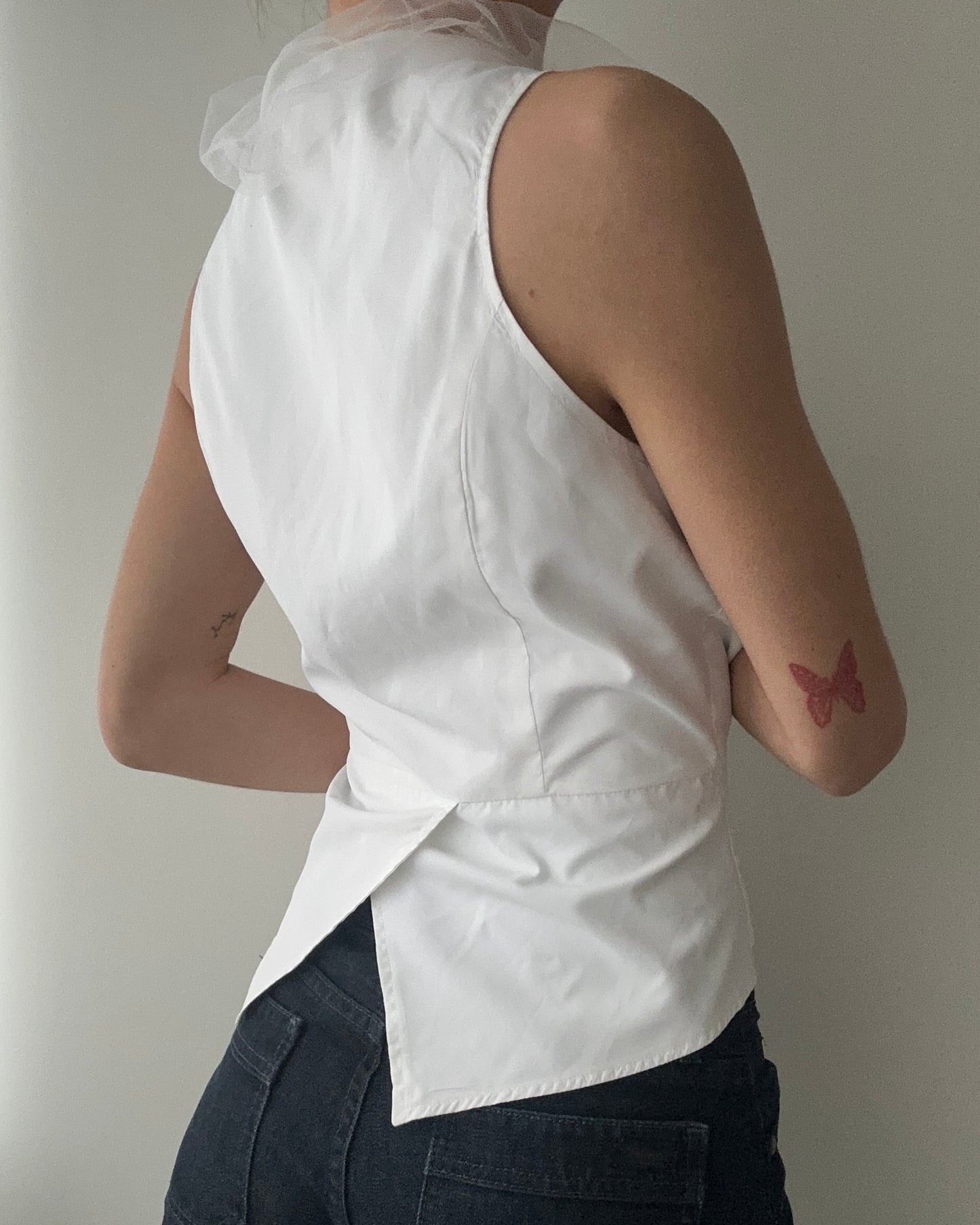 White Gilet Top with Sheer Ruffles (S)