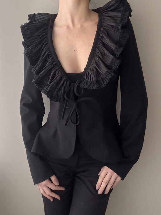 Black Peplum Blazer with Ruffle V-neckline (S)
