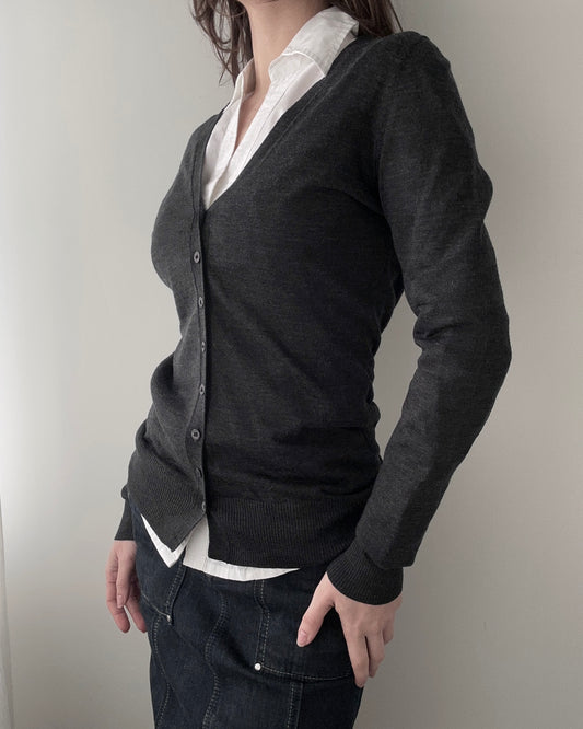 Bruuns Bazaar Copenhagen 100% Wool Anthracite V-neck Cardigan (S-M)