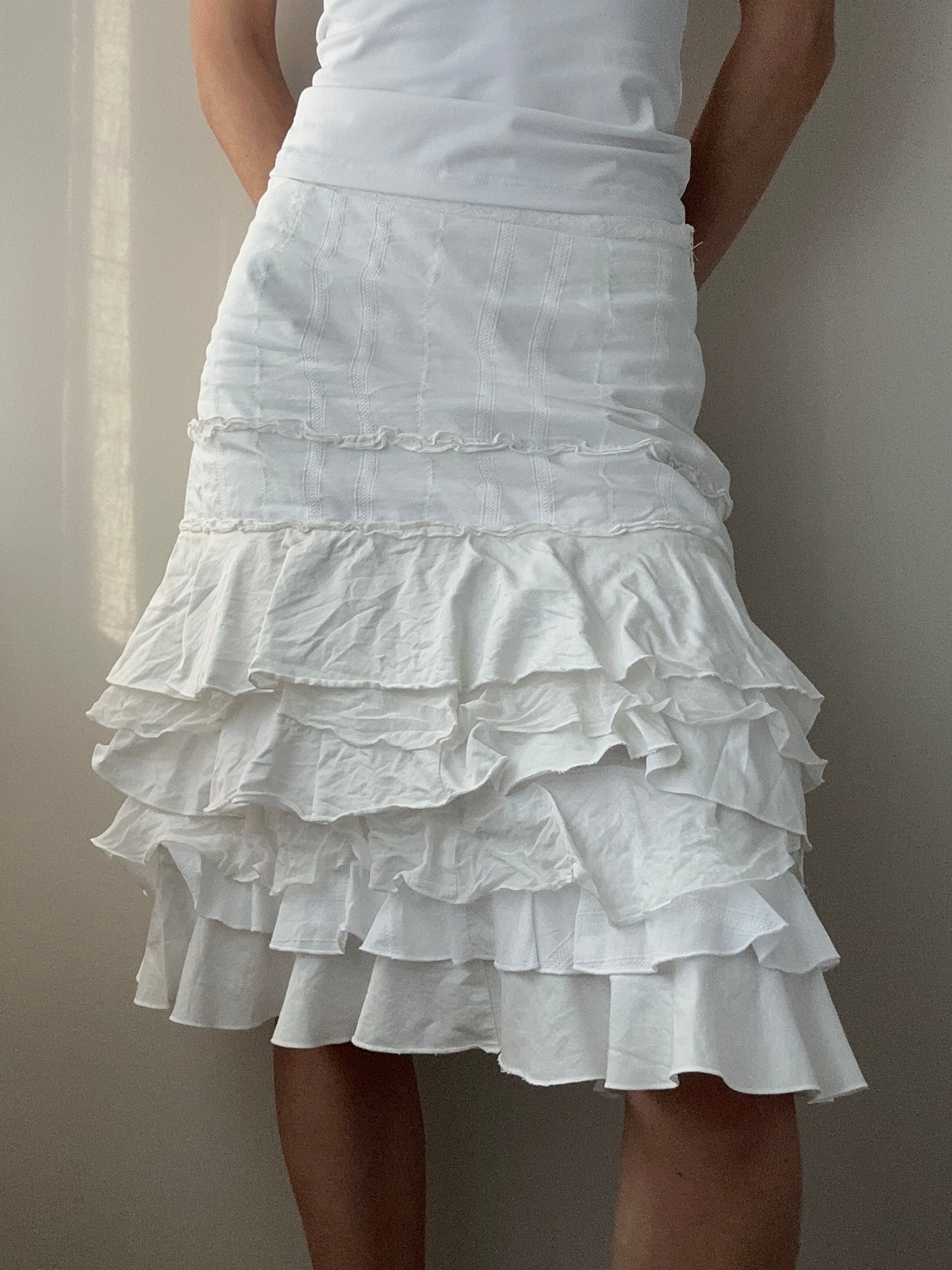 Marc Cain Cotton, Linen and Silk Mix Dropped Waist Skirt with Ruffle Layers (XS)