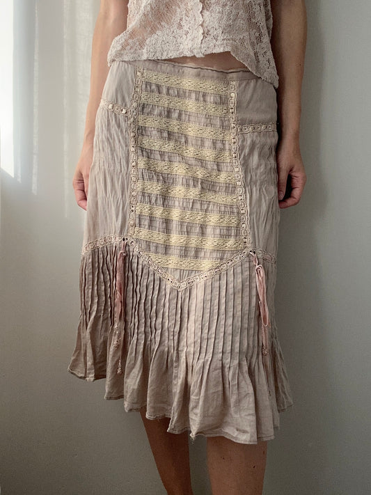 Beige and Rose Taupe Cotton Midi Skirt with Lace Details (S)