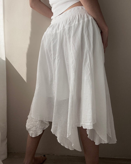 White Double Layer Asymetric Midi Skirt with Tie-front (XL)