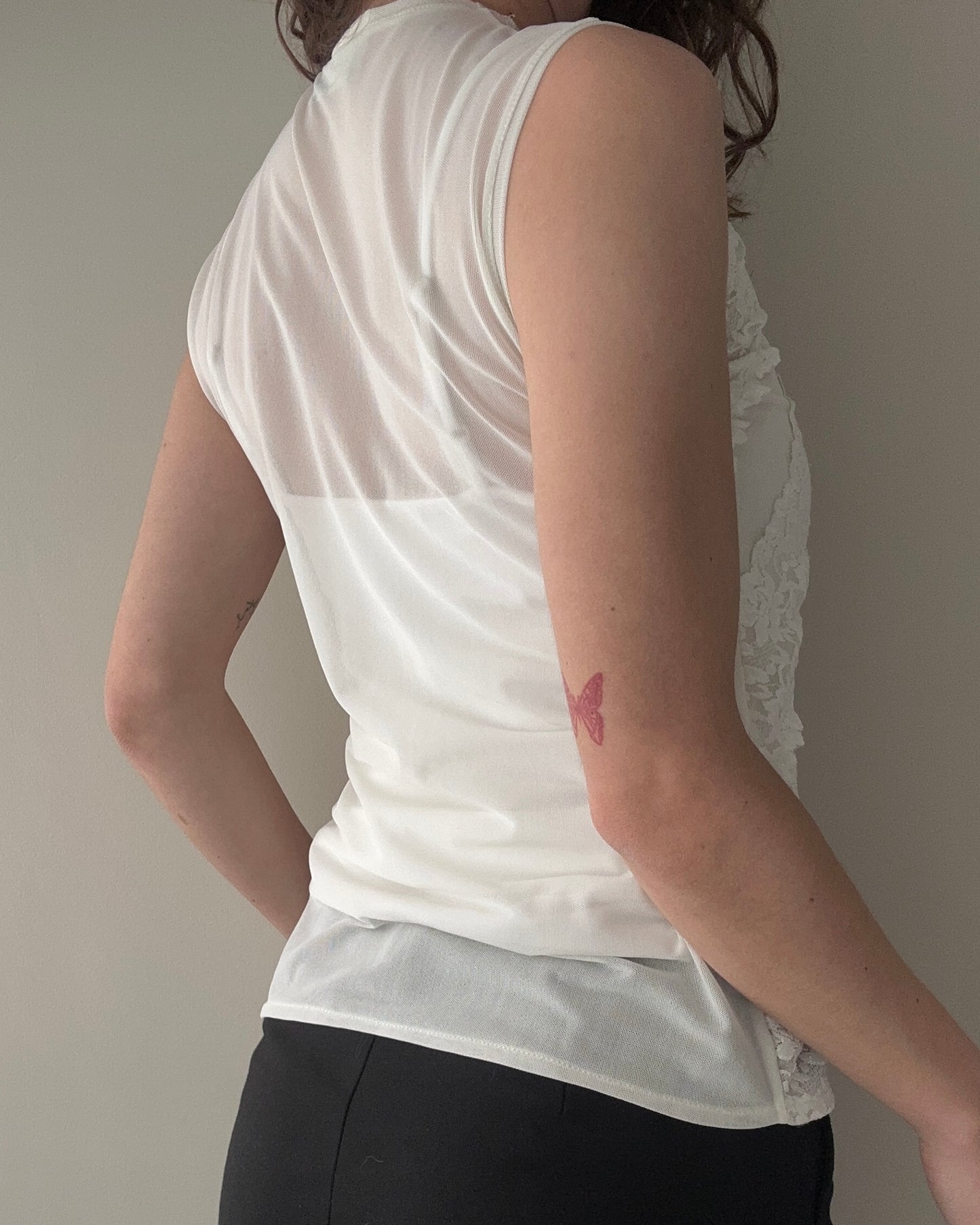 Cream Sheer and Lace Full Covered Neckline Tanktop (S)