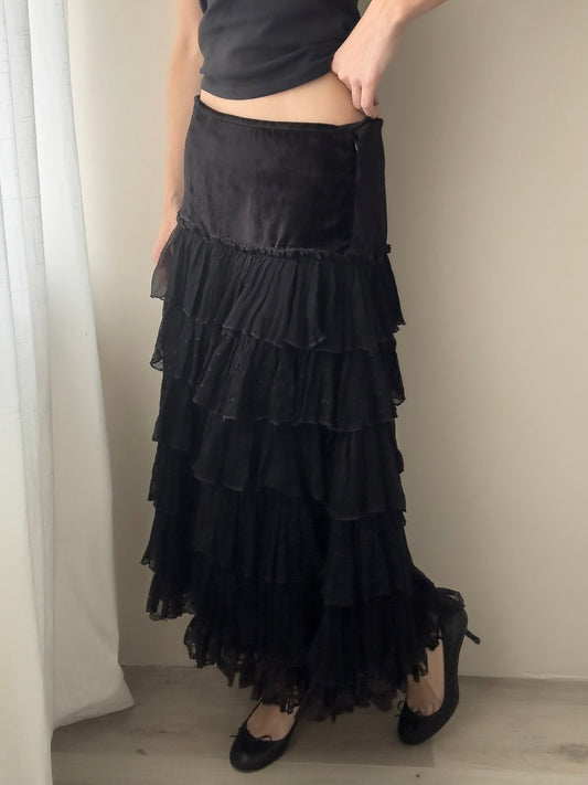 Black Layered Midi Skirt with Velours Waist (S-M)
