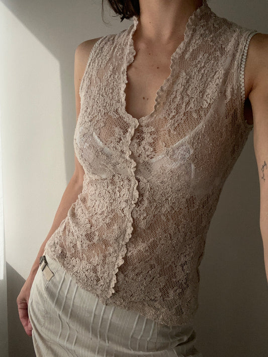 Beige Lace V-neckline Tank Top (XS-S)
