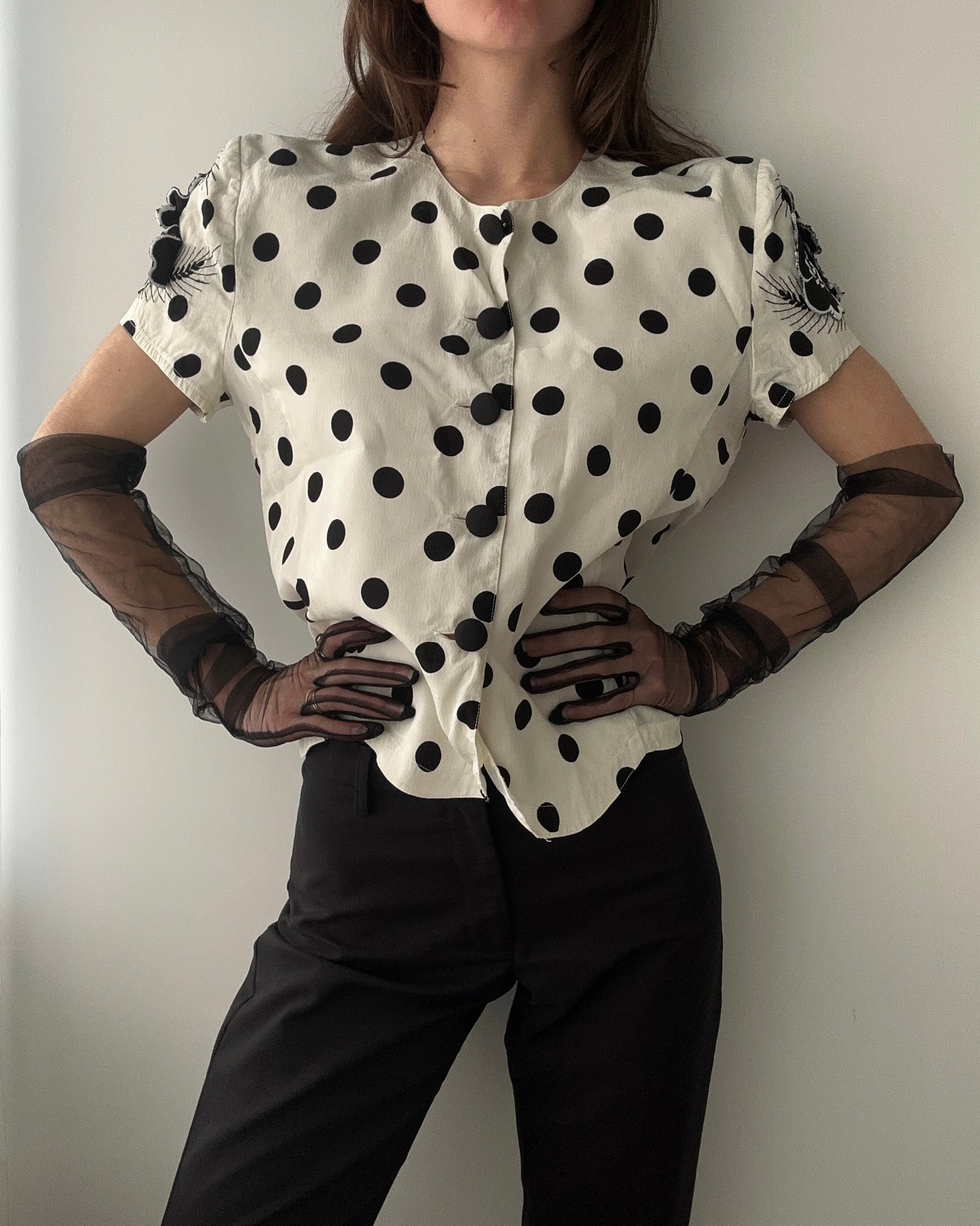 Silk 40s-inspired Polka Dot Blouse with Floral Appliqué (S)