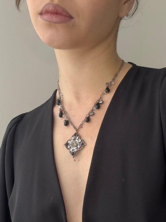 Floral Pendant Necklace with Faux Crystal Beads