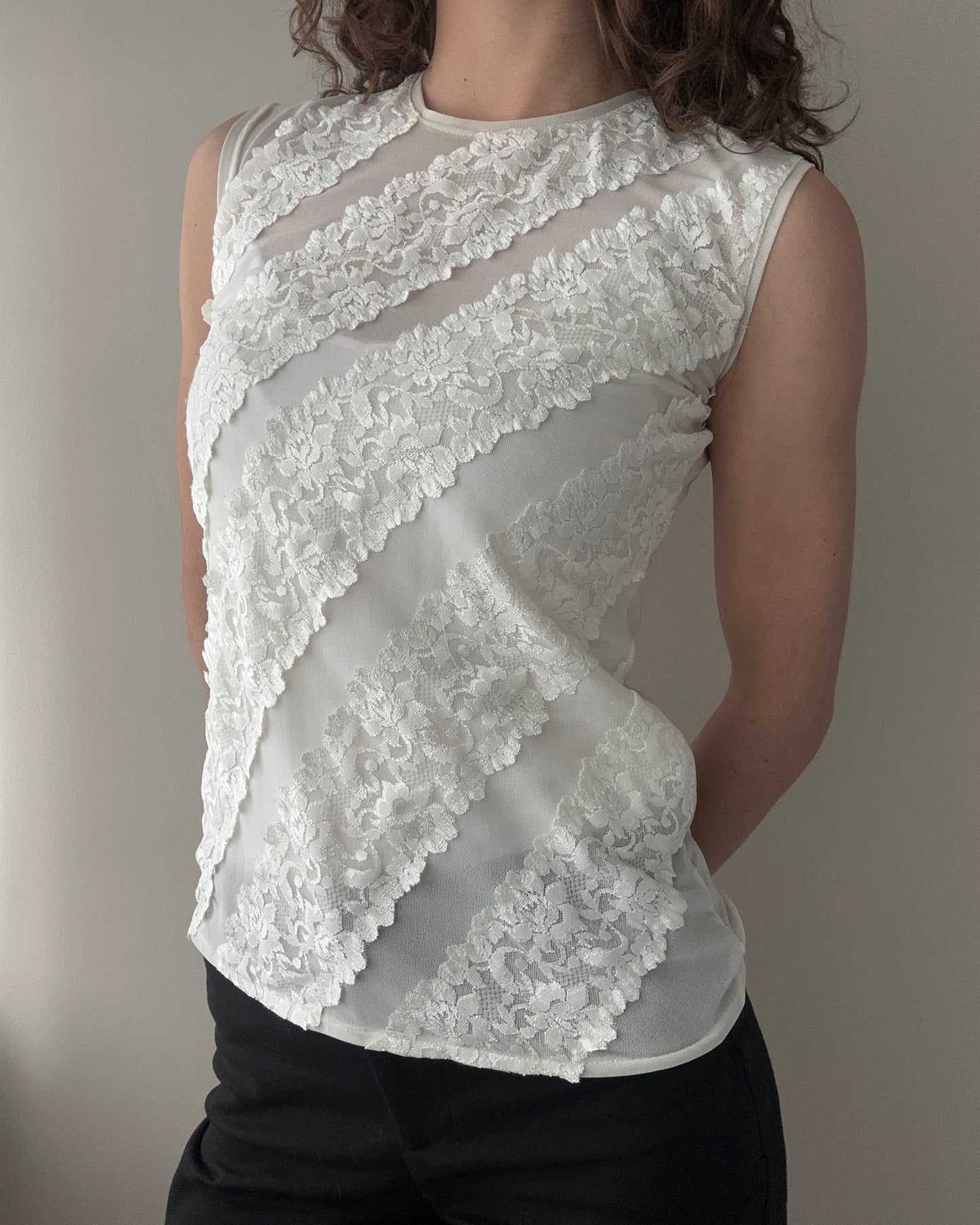 Cream Sheer and Lace Full Covered Neckline Tanktop (S)