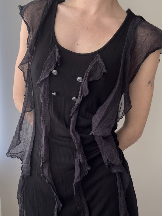 Black Mini Dress with Buttons and Sheer Ruffles (S-M)