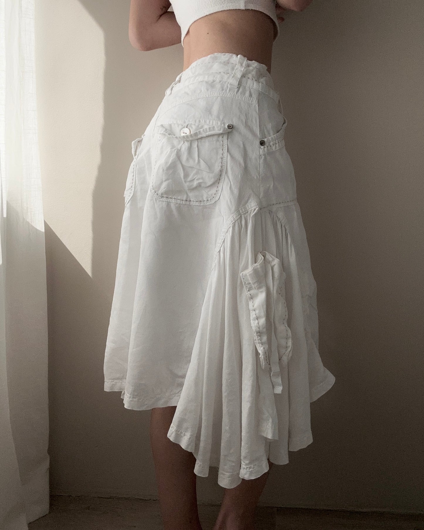 White Linen and Cotton Asymetric Double Layer Midi Skirt (L)