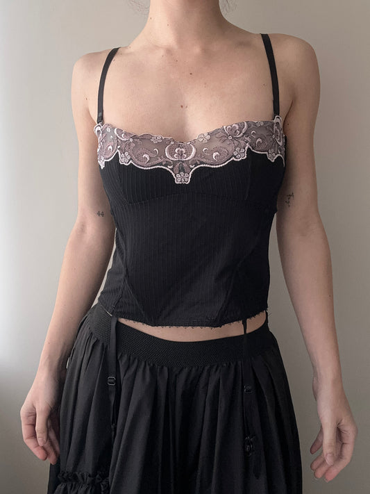 Black Corset Top with Lilac Pink Floral Embroidery (M)