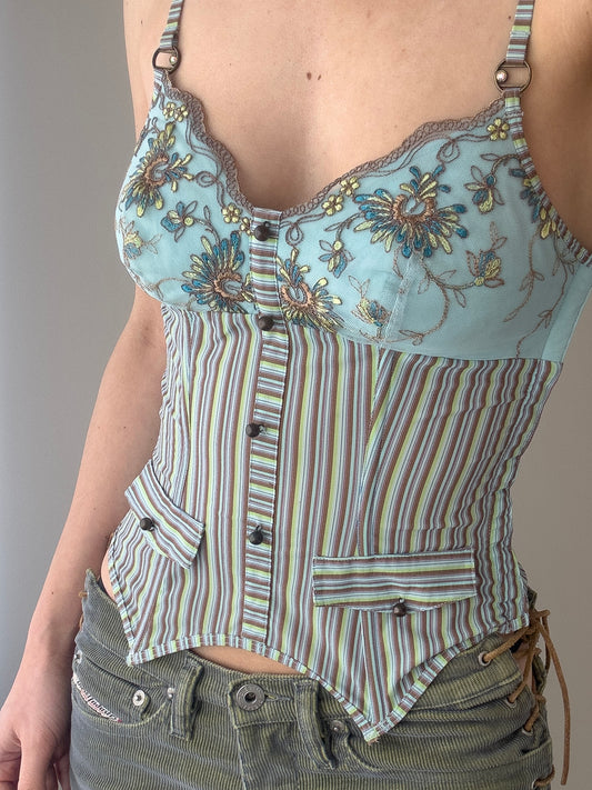 Lejaby - Turqoise Bustier with Strped Pattern and Floral Embroidery (XS-S)