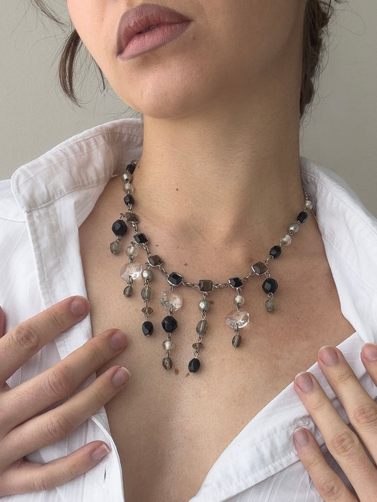 Statement Necklace with Faceted Beads and Dangling Details