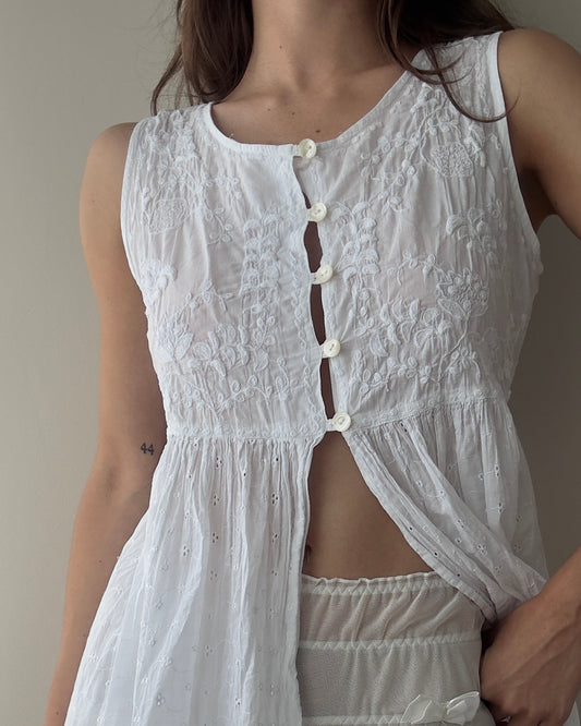 White Cotton Half Buttoned Babydoll Top with Embroidery (M)