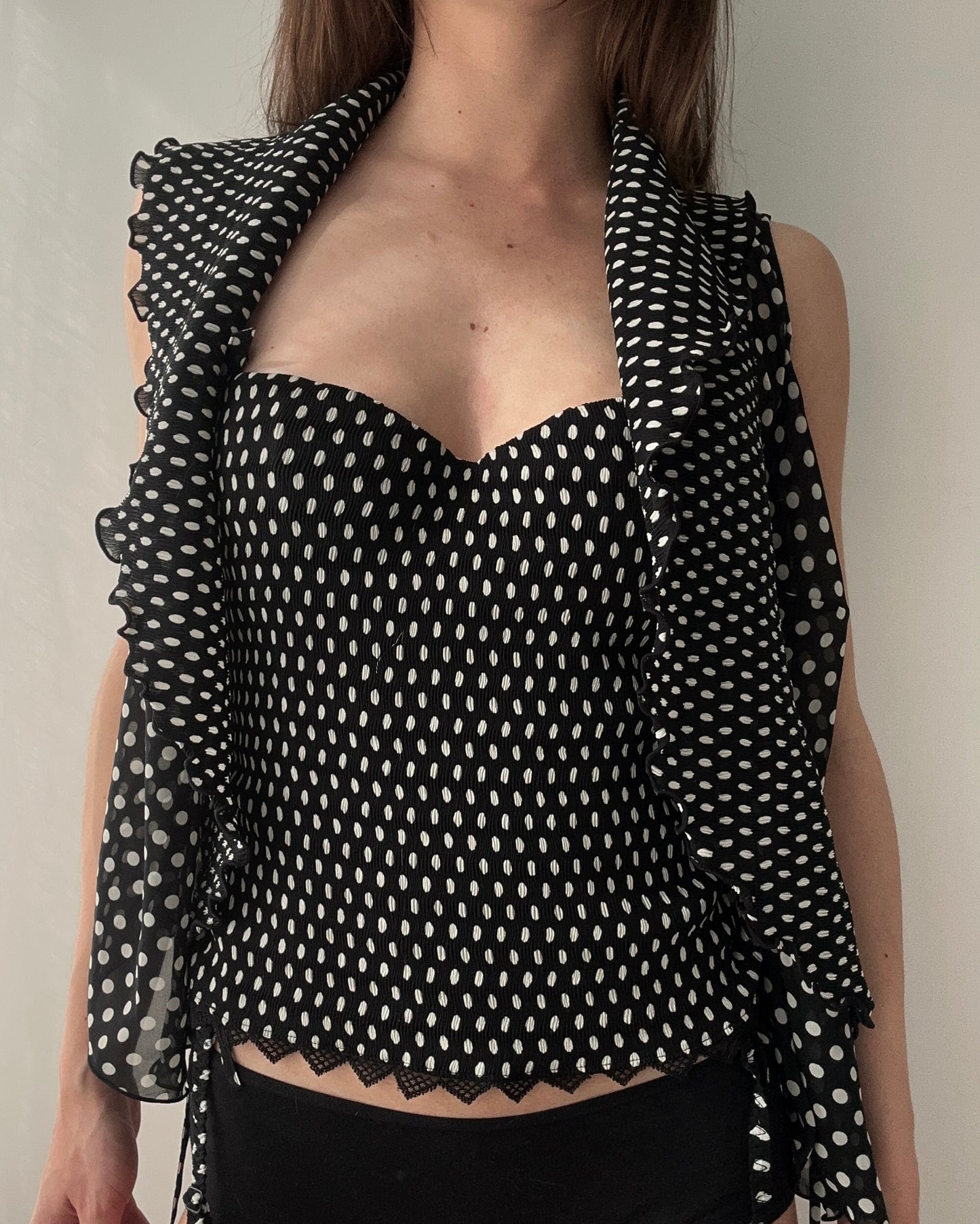 Ravage Polka Dot Sheer Ruffled Wrap Top (XS)