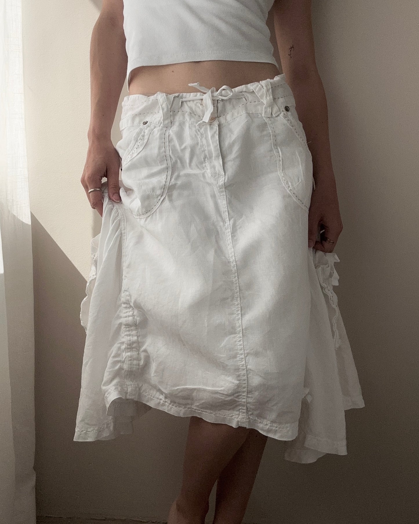 White Linen and Cotton Asymetric Double Layer Midi Skirt (L)