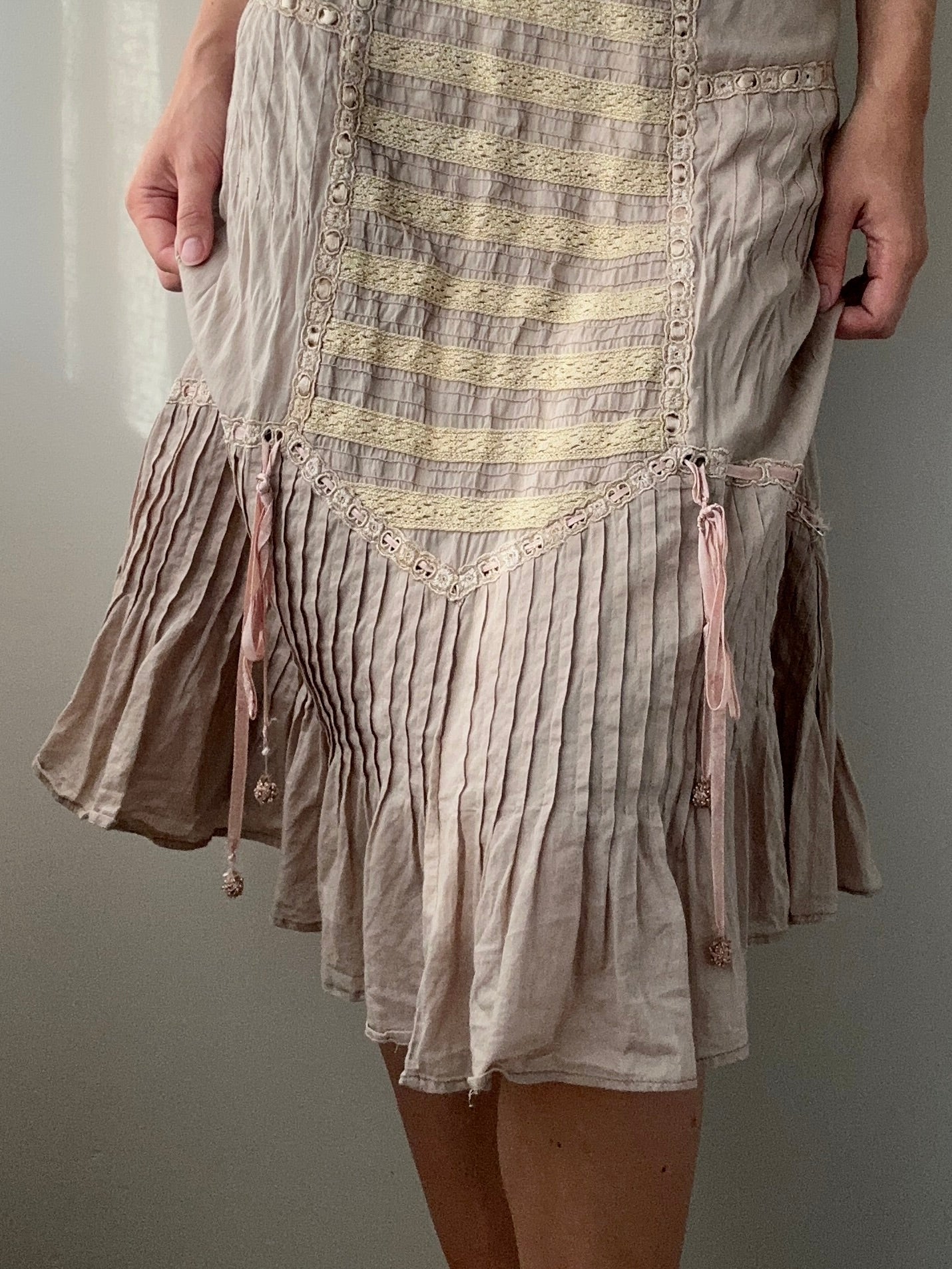 Beige and Rose Taupe Cotton Midi Skirt with Lace Details (S)