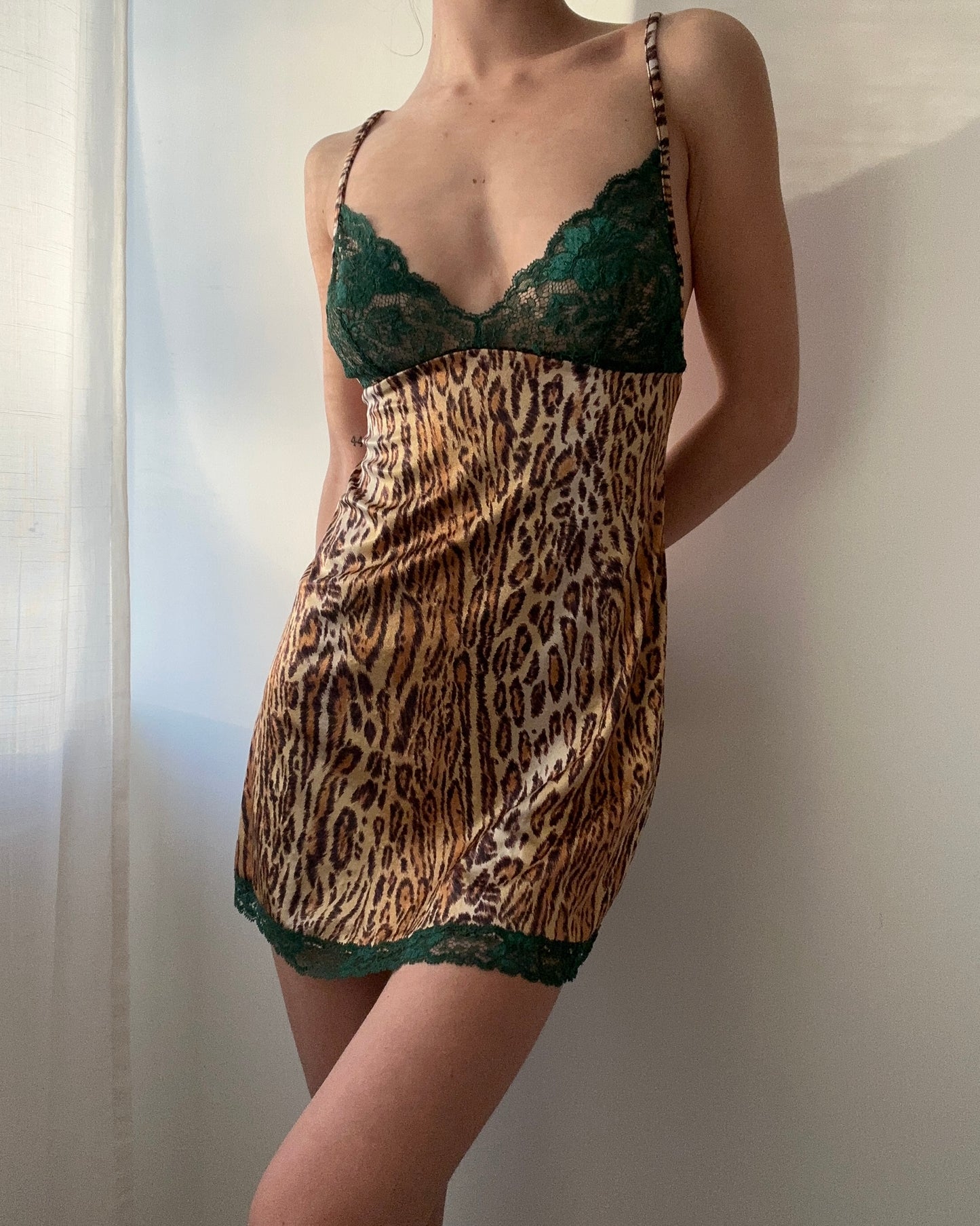 La Perla Silky Jaguar Slip Dress with Emerald Green Lace (XS-S)