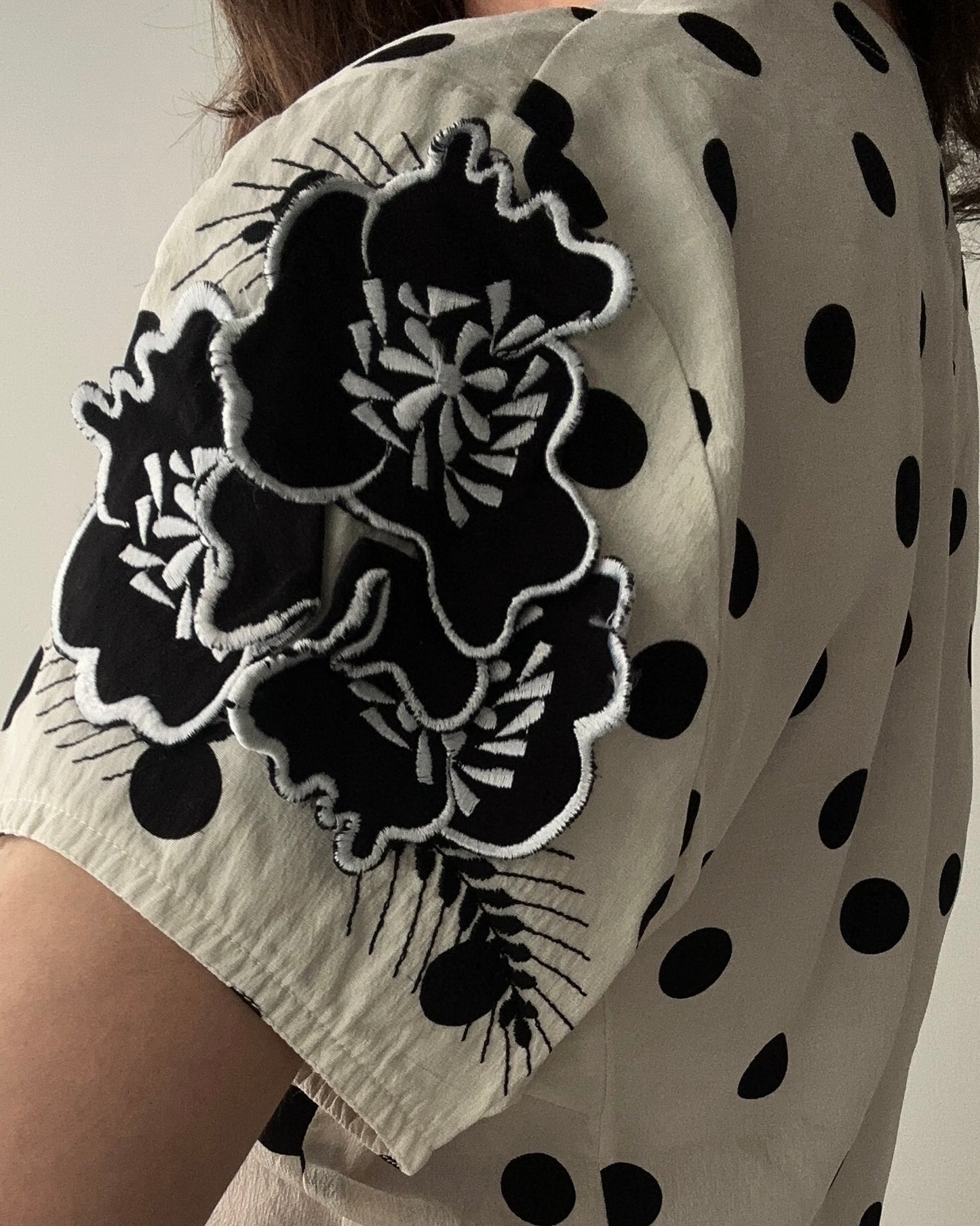 Silk 40s-inspired Polka Dot Blouse with Floral Appliqué (S)