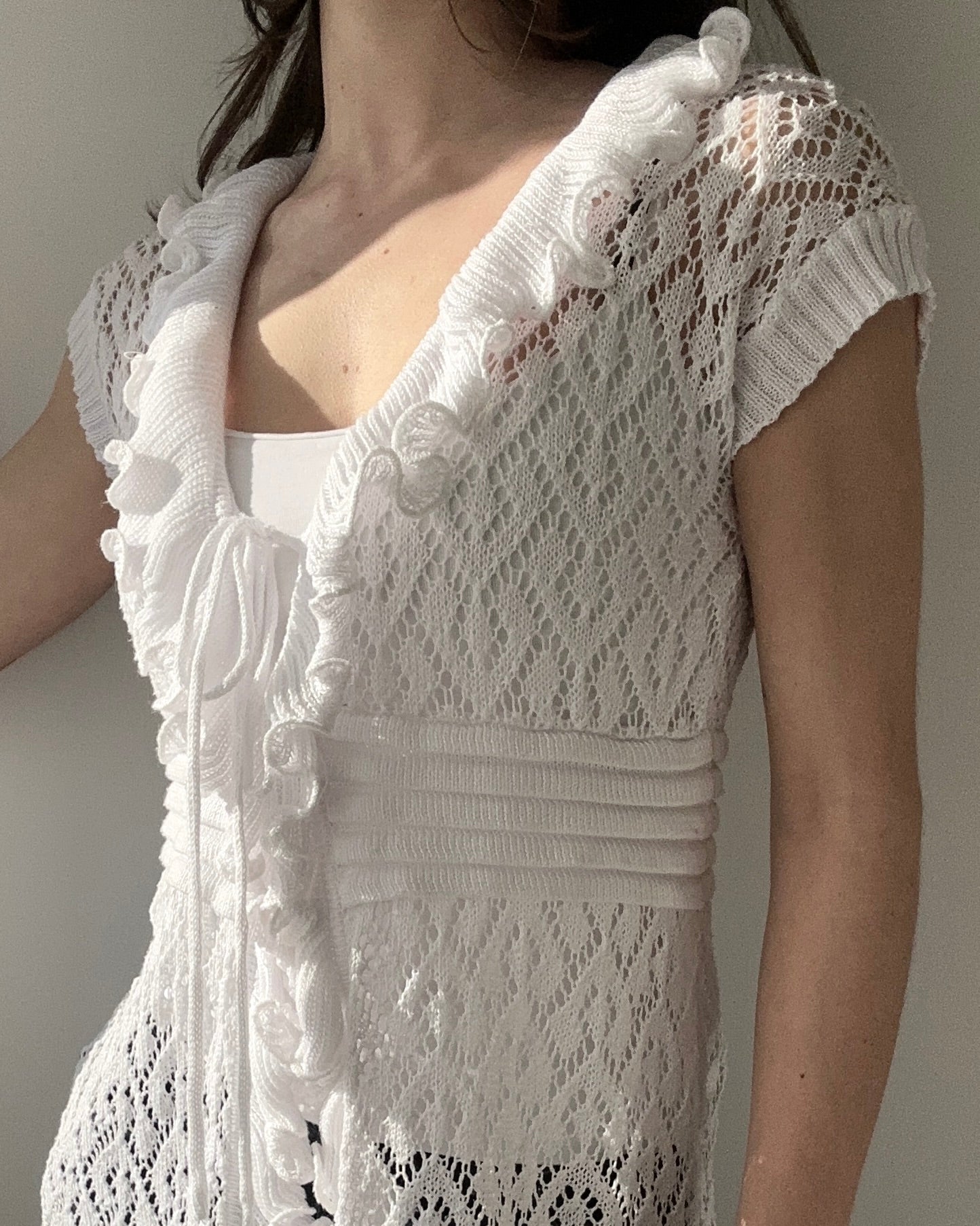 White Knitted Tunic Top with Tie-Front and Ruffles (M)