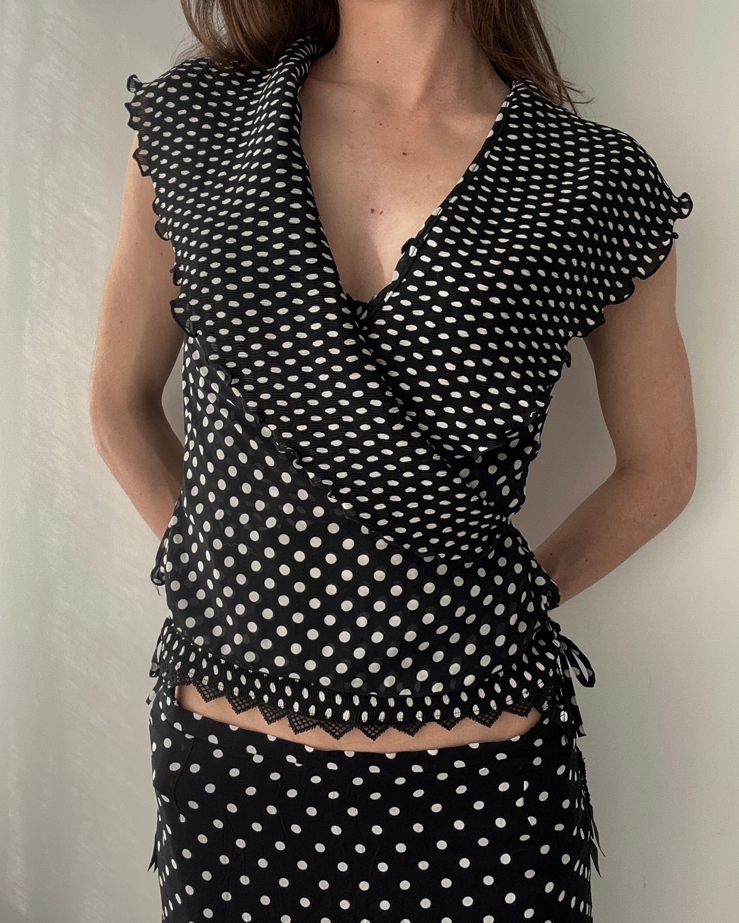 Ravage Polka Dot Sheer Ruffled Wrap Top (XS)