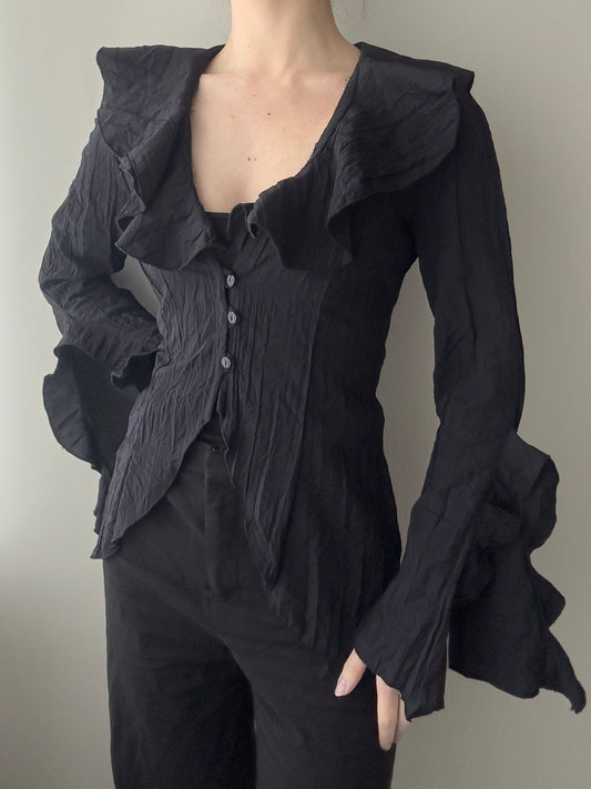 Black Crinkle Blouse with Ruffles and Midriff Cut (S-M)
