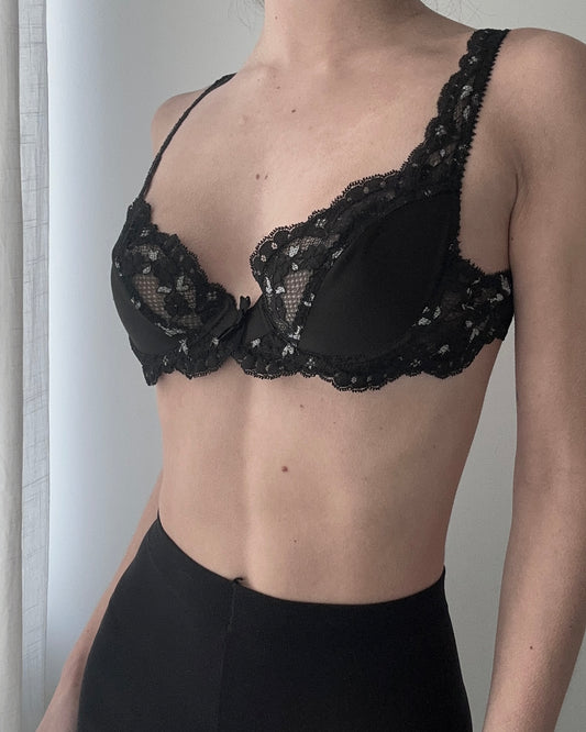 Black Satin and Lace Underwire Bra (75A/34A)