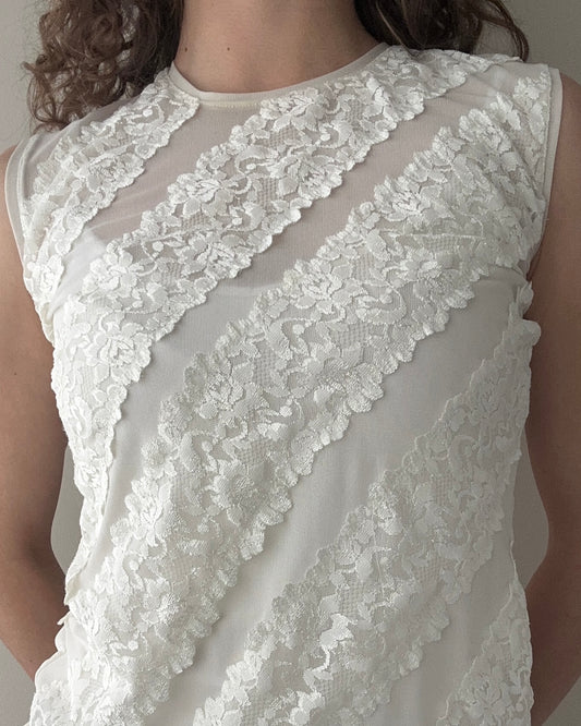 Cream Sheer and Lace Full Covered Neckline Tanktop (S)