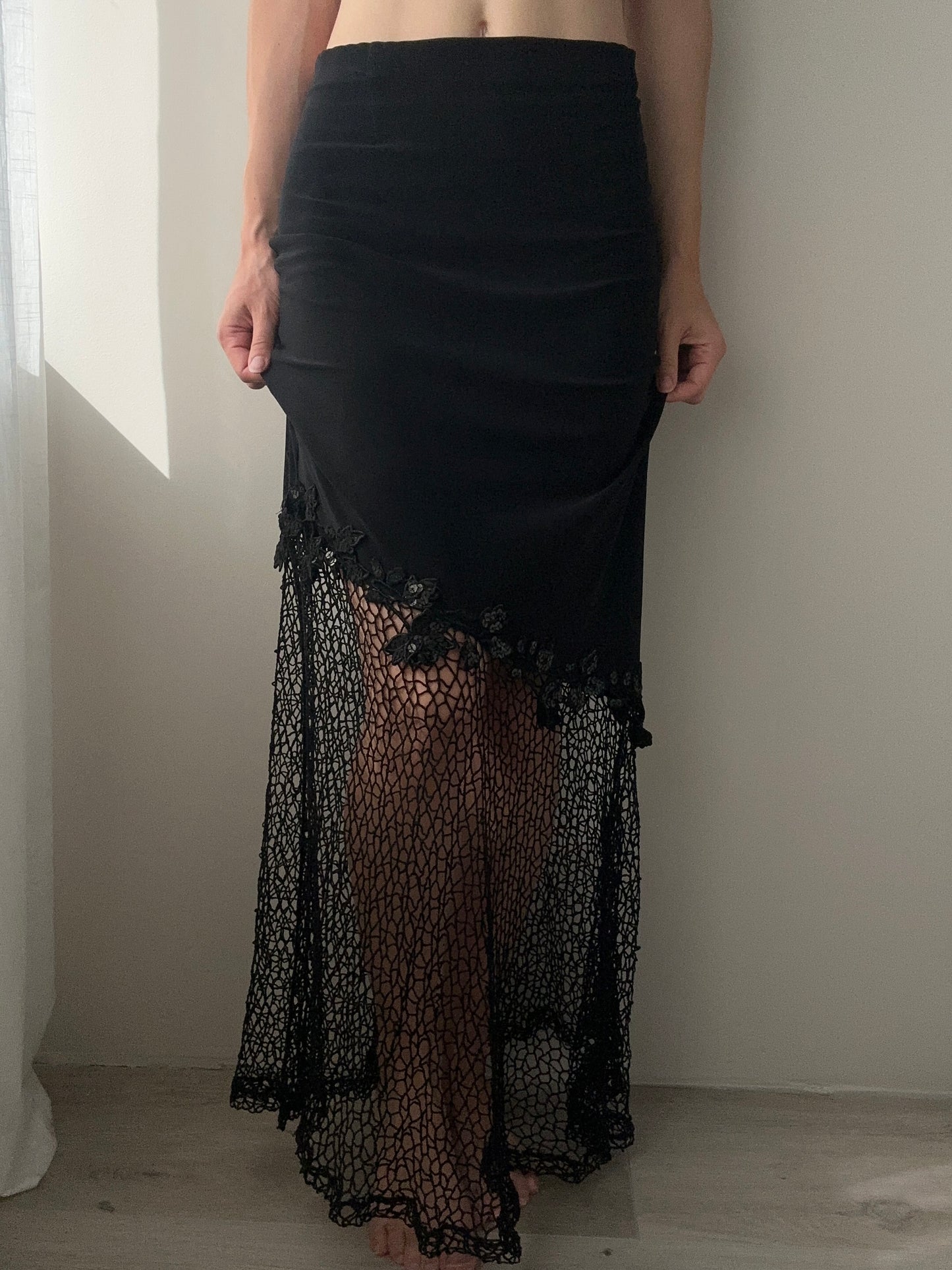 Black Maxi Skirt with Asymmetric Detail, Floral Embellishments and Guipure (S-M)