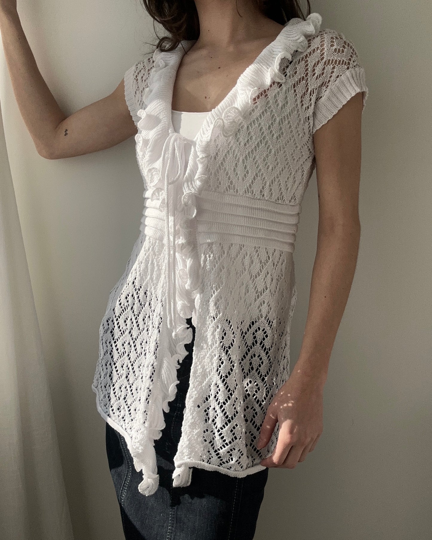 White Knitted Tunic Top with Tie-Front and Ruffles (M)