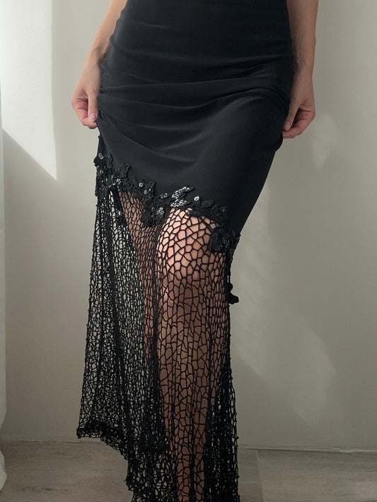 Black Maxi Skirt with Asymmetric Detail, Floral Embellishments and Guipure (S-M)