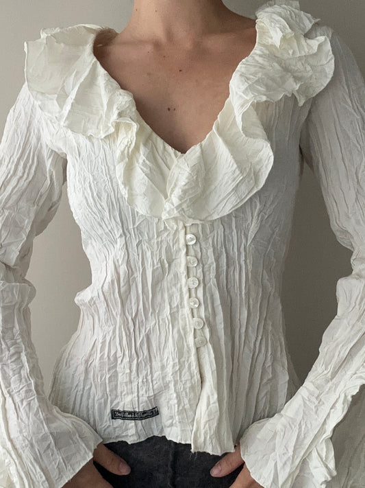 Off White/Ivory Crinkle Blouse with Ruffles (M)