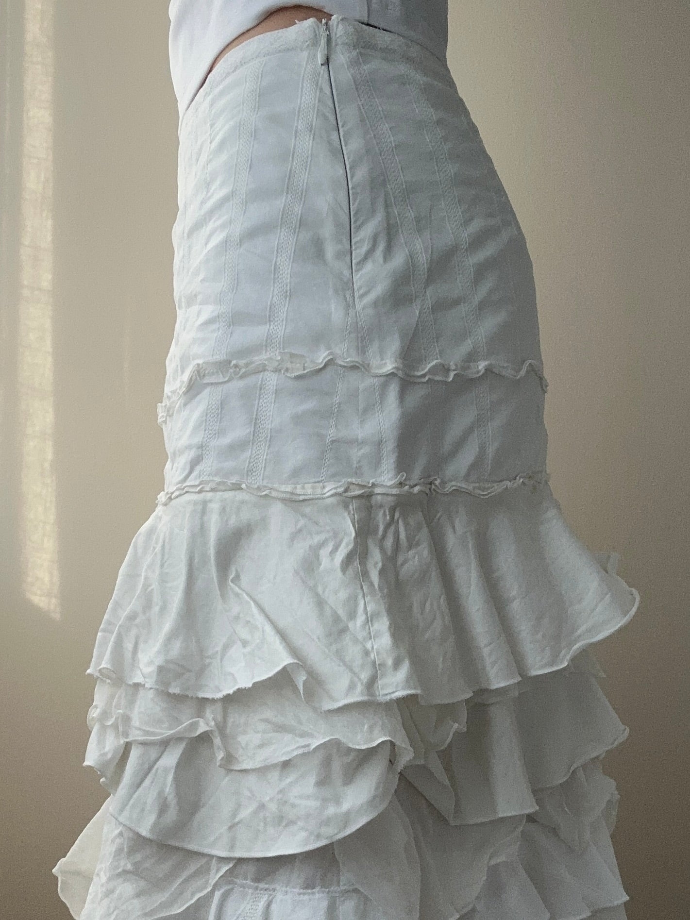 Marc Cain Cotton, Linen and Silk Mix Dropped Waist Skirt with Ruffle Layers (XS)