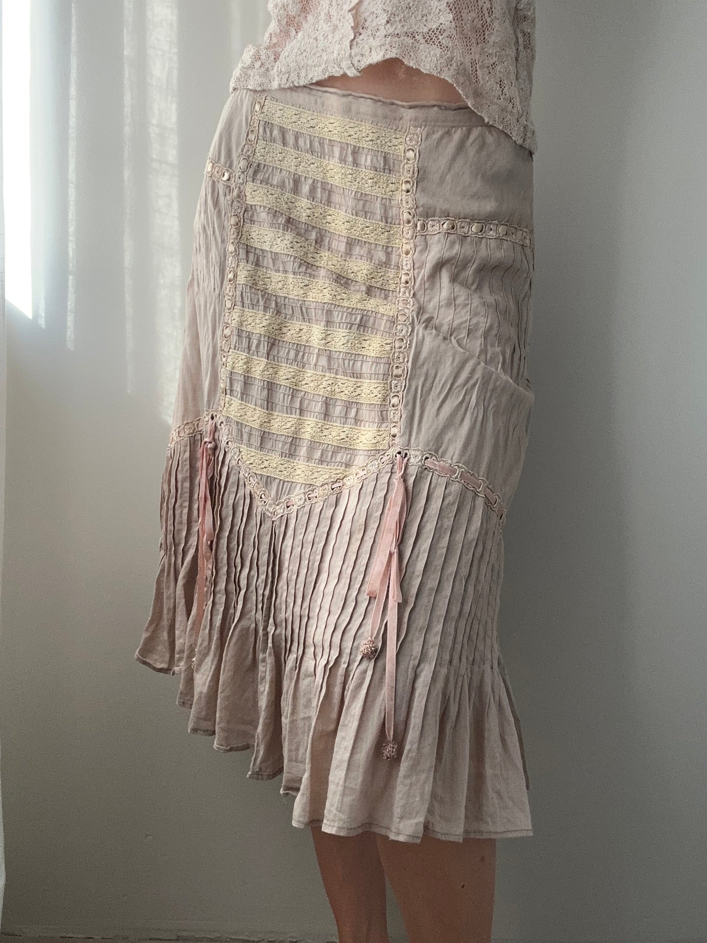 Beige and Rose Taupe Cotton Midi Skirt with Lace Details (S)