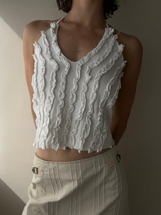 White Cotton Halter Top with Ruched Row Pattern (M-L)