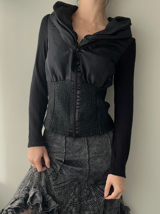 Black Zip Cardigan with Ruffled High Collar (XS-S)