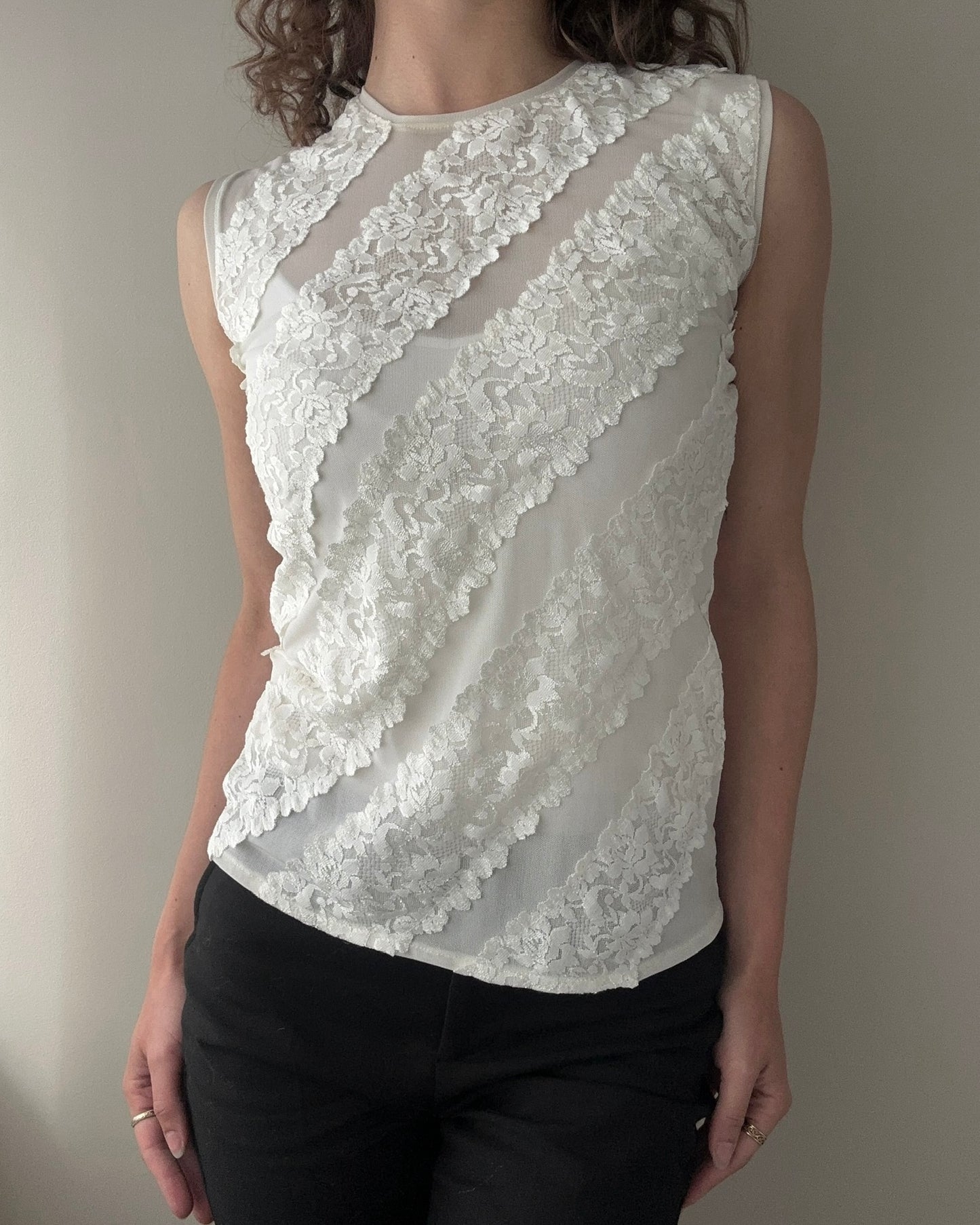 Cream Sheer and Lace Full Covered Neckline Tanktop (S)