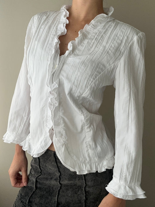 White Crinkle Blouse with Ruffle details (L)