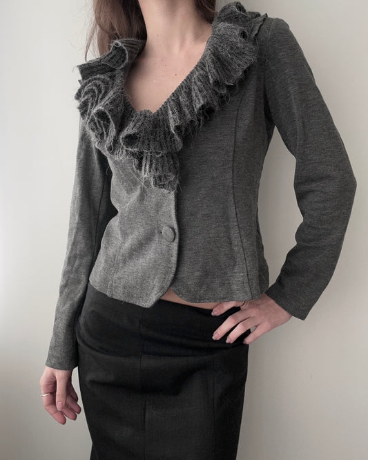 Grey Cardigan Blazer with Ruffled V-neckline (XS-S)