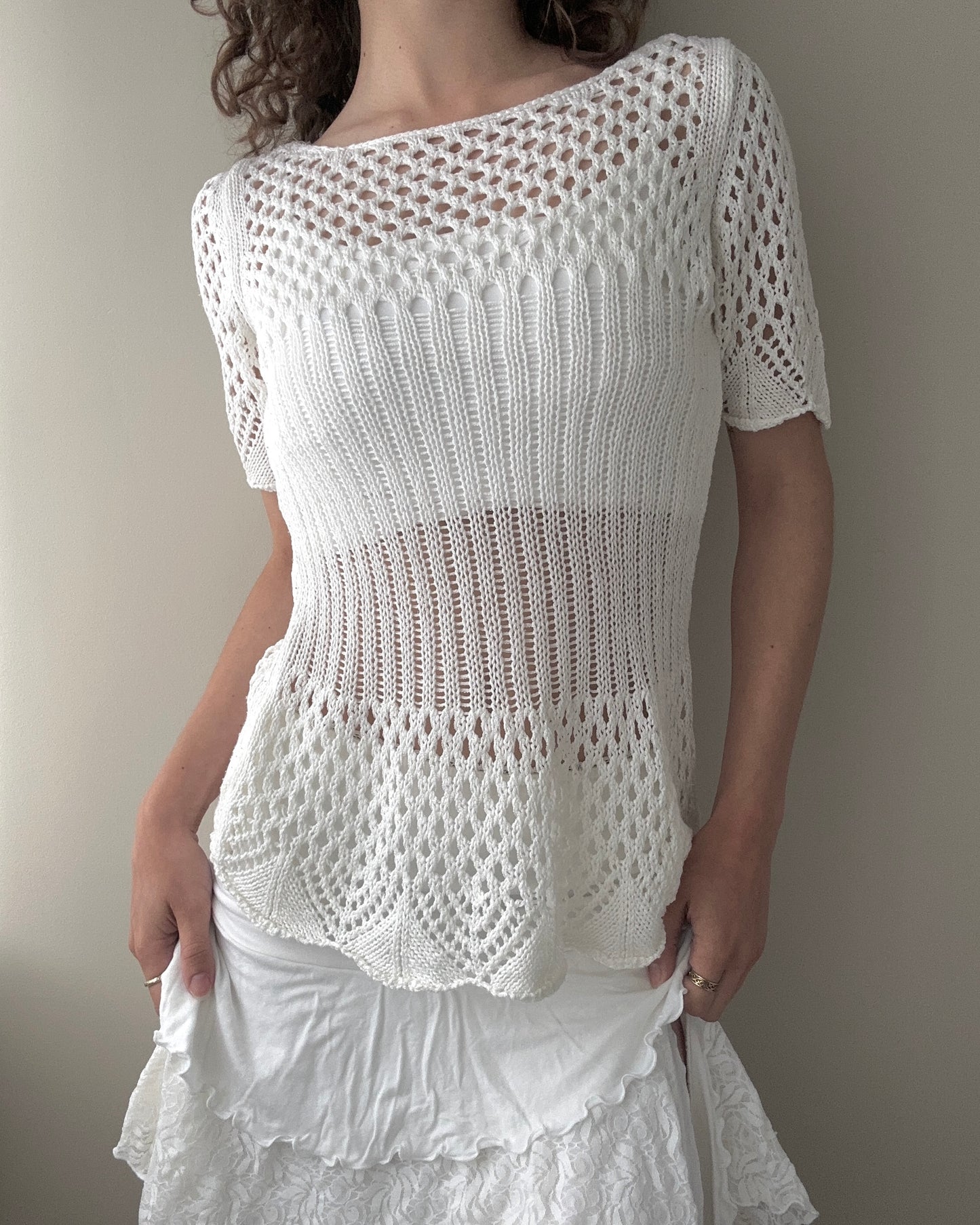 Cream Crochet Boat Neckline Top (S)